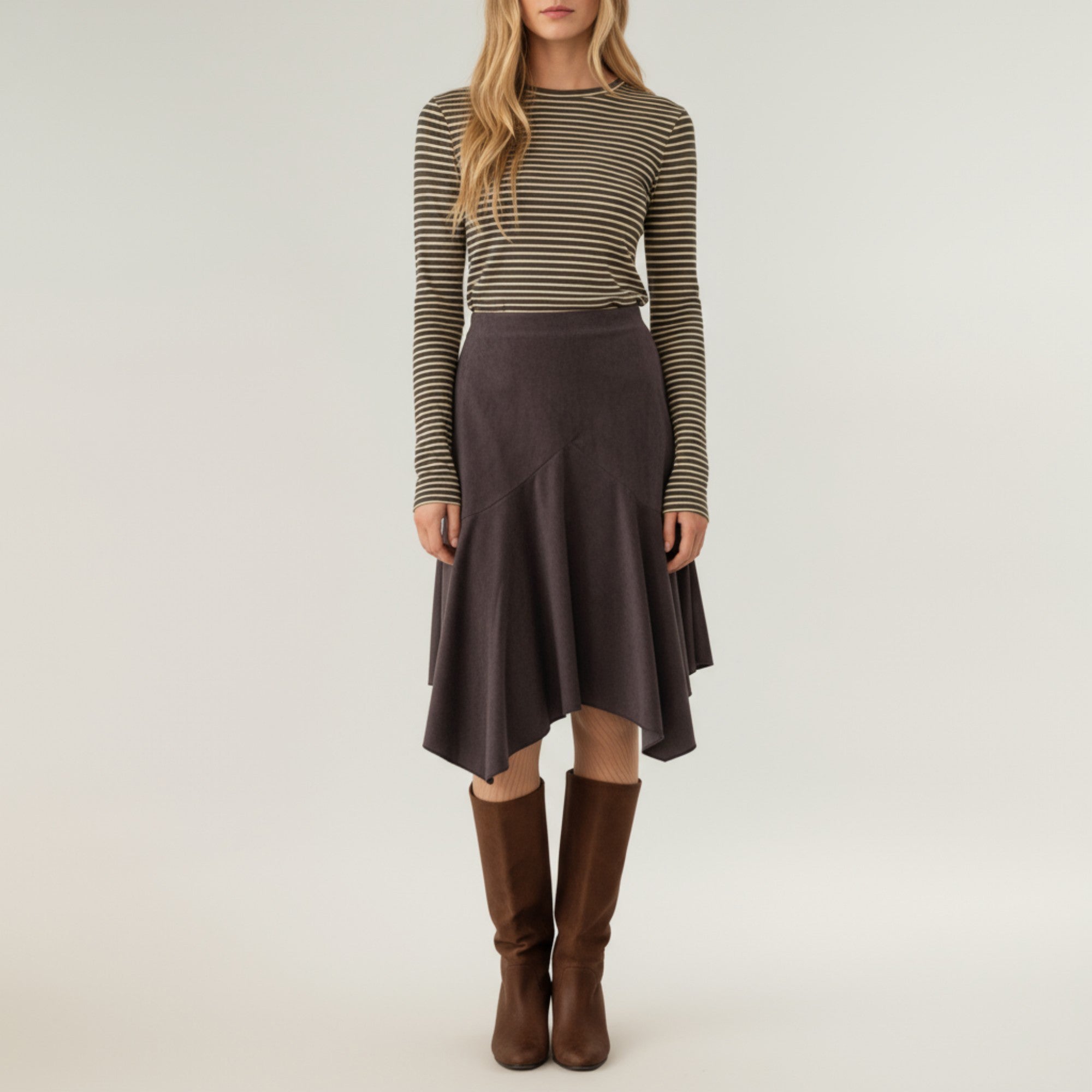 Anna-Kaci Women's Asymmetrical Midi Skirt with Flowy Hem and Soft Suede-Like Fabric