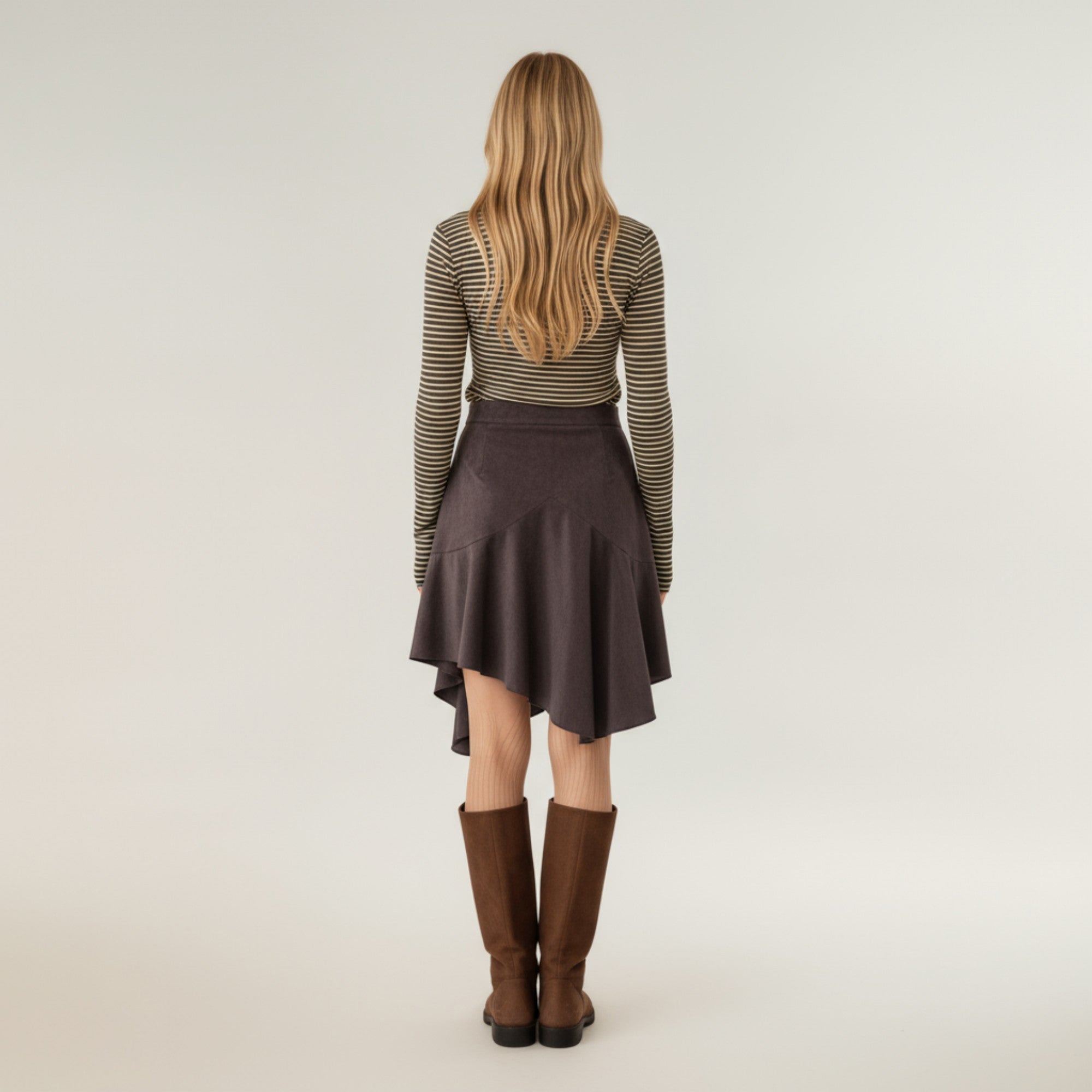 Anna-Kaci Women's Asymmetrical Midi Skirt with Flowy Hem and Soft Suede-Like Fabric