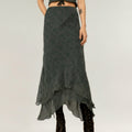 Anna-Kaci Women's High Low Asymmetrical Midi Skirt with Layered Chiffon Hem and Subtle Floral Jacquard Pattern