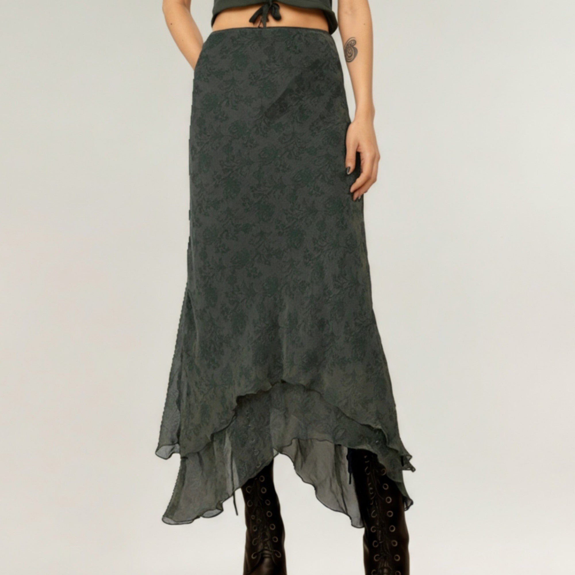 Anna-Kaci Women's High Low Asymmetrical Midi Skirt with Layered Chiffon Hem and Subtle Floral Jacquard Pattern