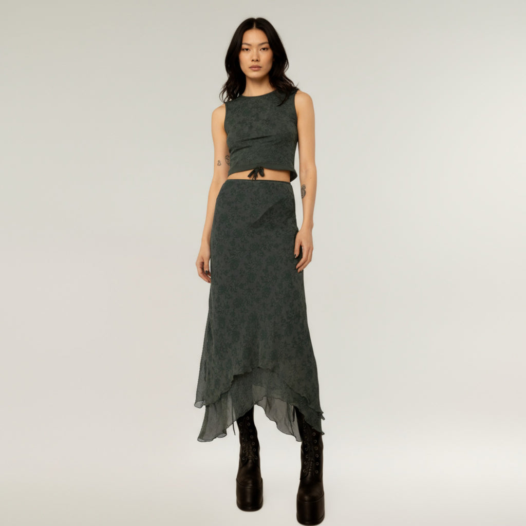 Anna-Kaci Women's High Low Asymmetrical Midi Skirt with Layered Chiffon Hem and Subtle Floral Jacquard Pattern