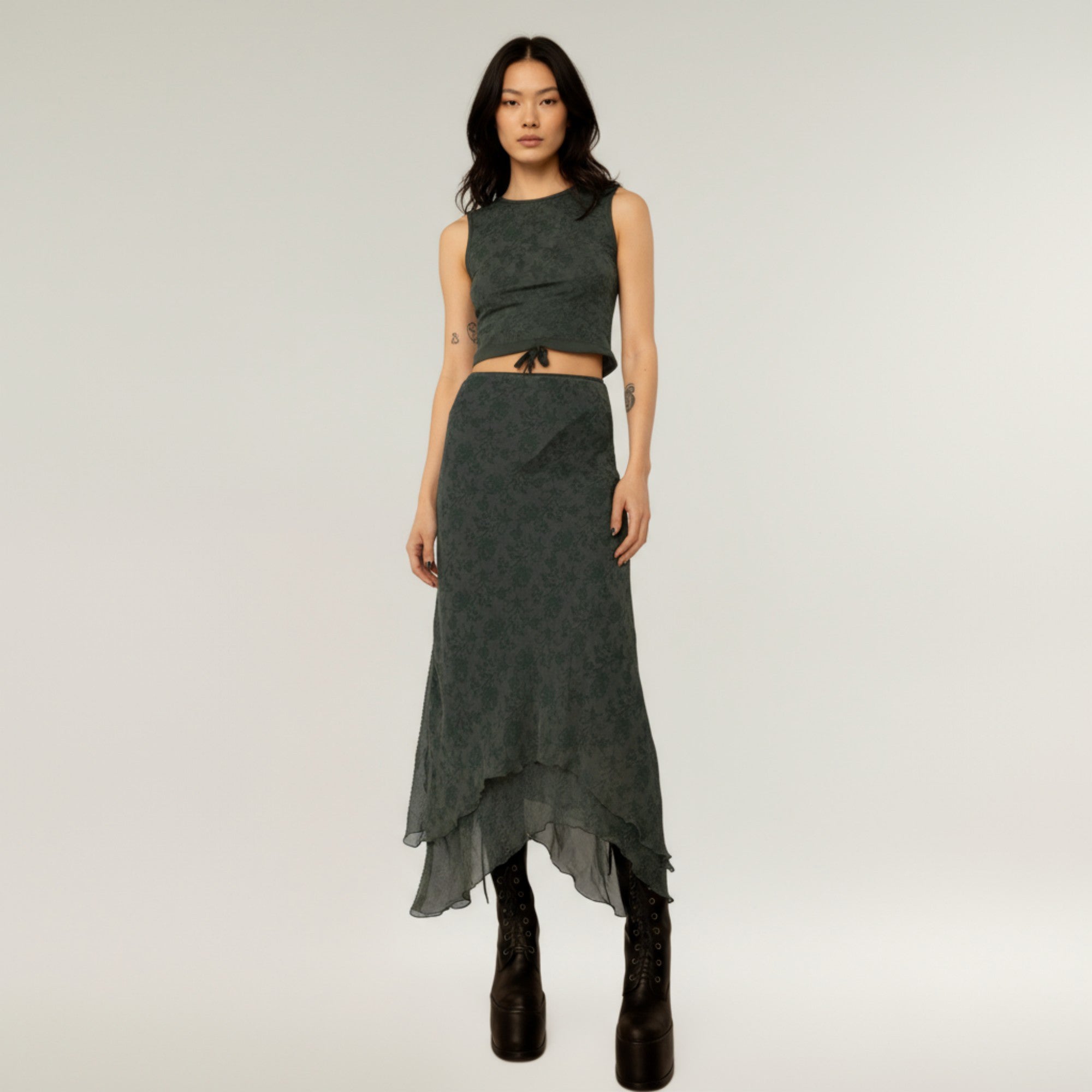 Anna-Kaci Women's High Low Asymmetrical Midi Skirt with Layered Chiffon Hem and Subtle Floral Jacquard Pattern
