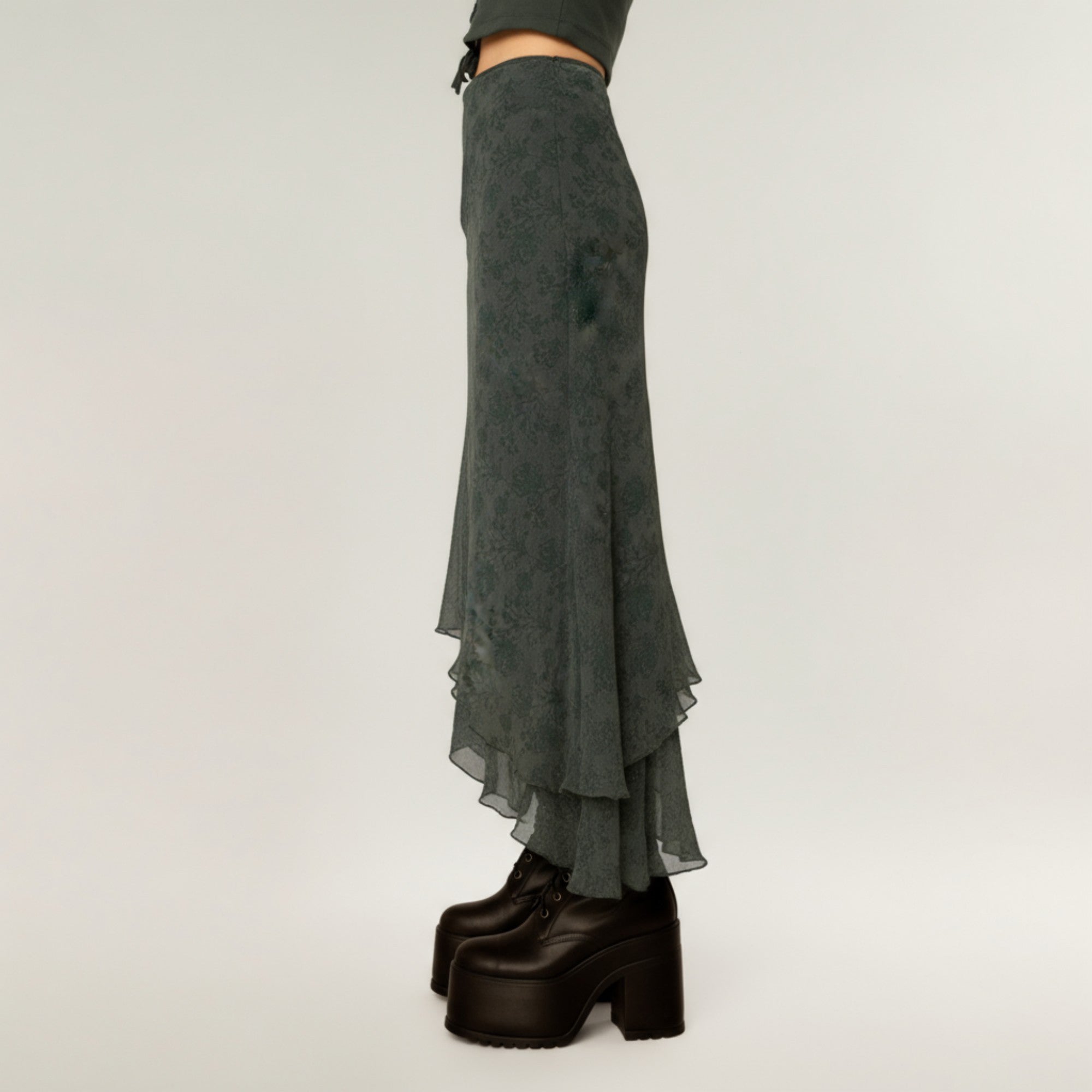 Anna-Kaci Women's High Low Asymmetrical Midi Skirt with Layered Chiffon Hem and Subtle Floral Jacquard Pattern