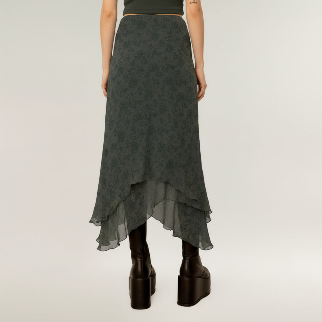 Anna-Kaci Women's High Low Asymmetrical Midi Skirt with Layered Chiffon Hem and Subtle Floral Jacquard Pattern