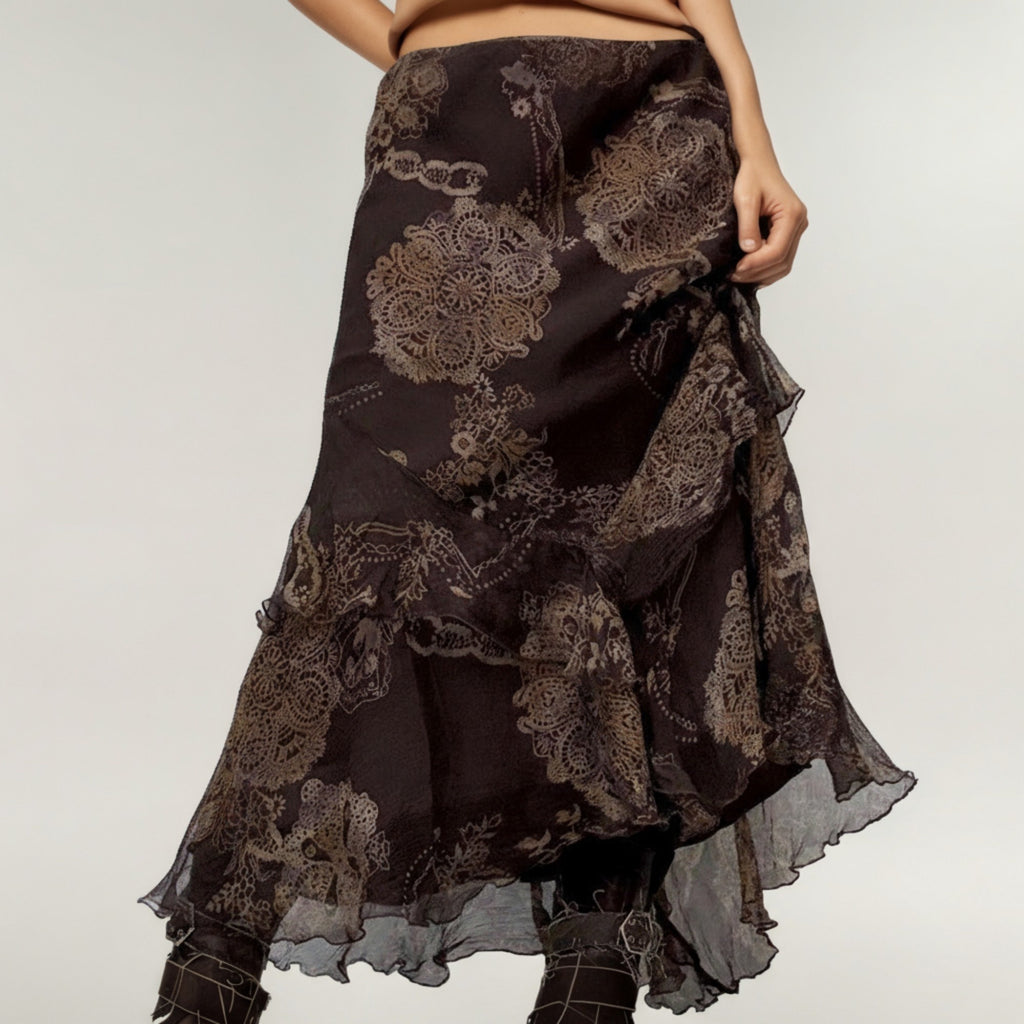 Anna-Kaci Women's Bohemian Asymmetrical Midi Skirt with Ruffled Hem and Vintage Lace Print