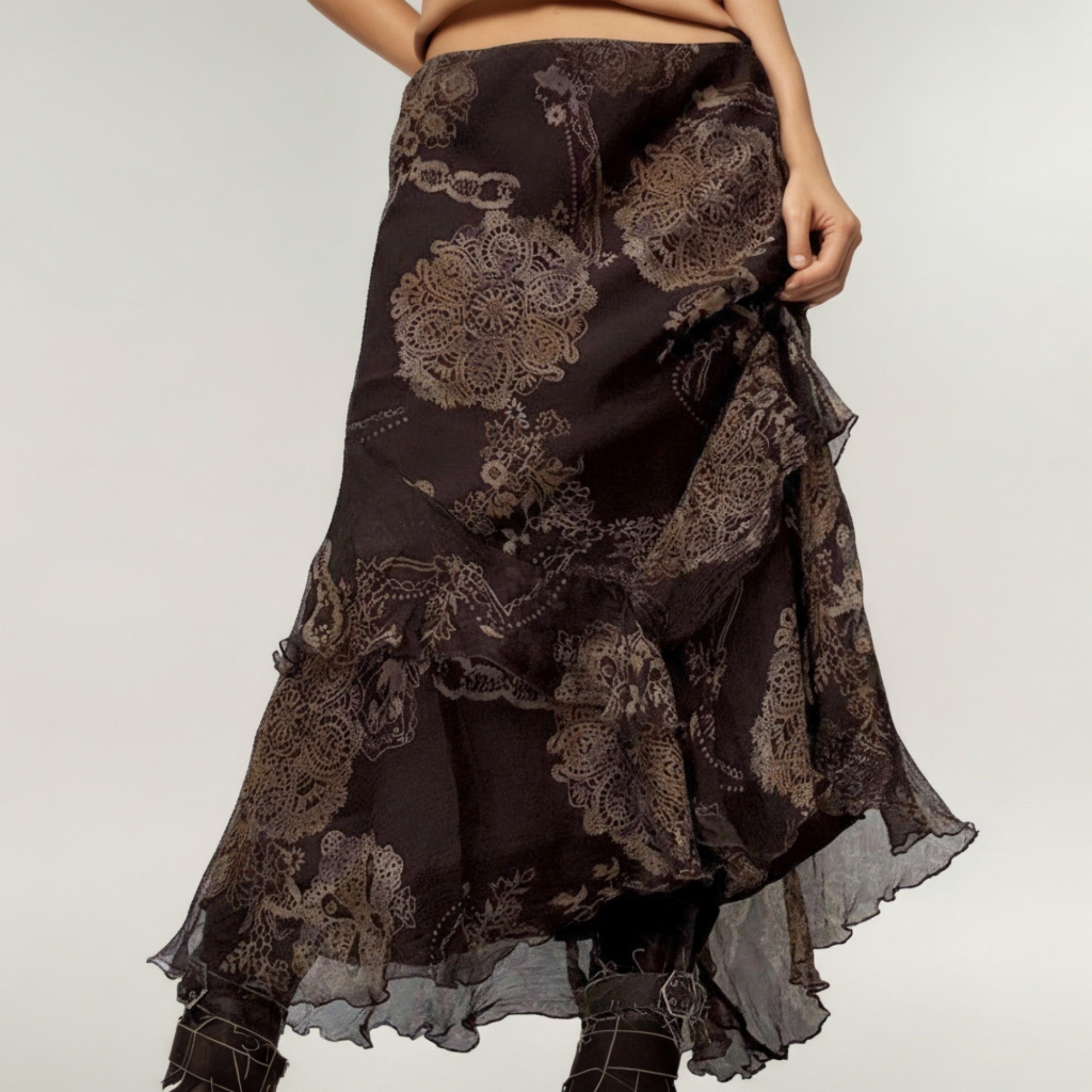 Anna-Kaci Women's Bohemian Asymmetrical Midi Skirt with Ruffled Hem and Vintage Lace Print