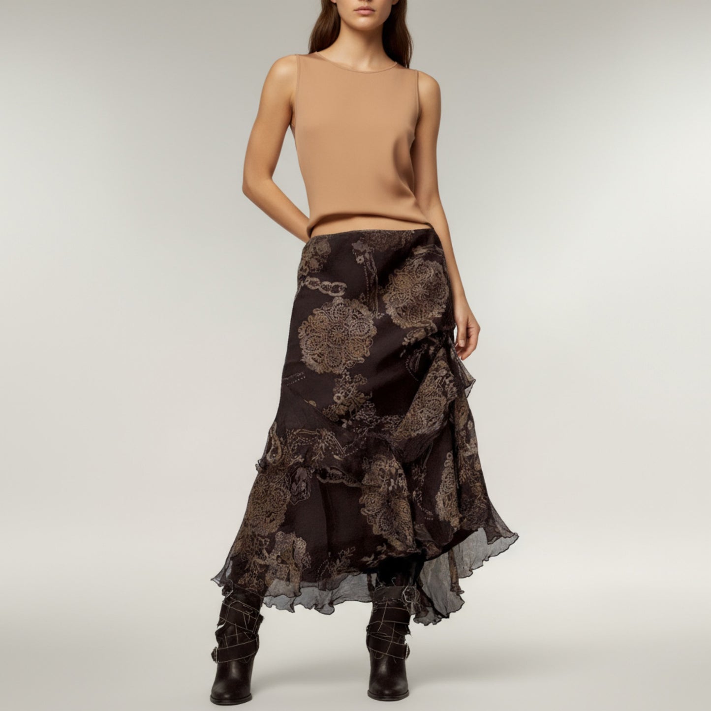 Anna-Kaci Women's Bohemian Asymmetrical Midi Skirt with Ruffled Hem and Vintage Lace Print