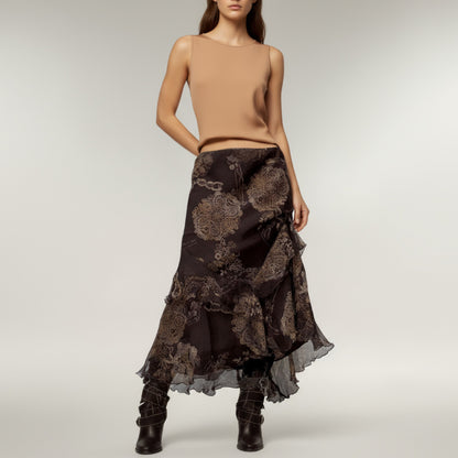 Anna-Kaci Women's Bohemian Asymmetrical Midi Skirt with Ruffled Hem and Vintage Lace Print