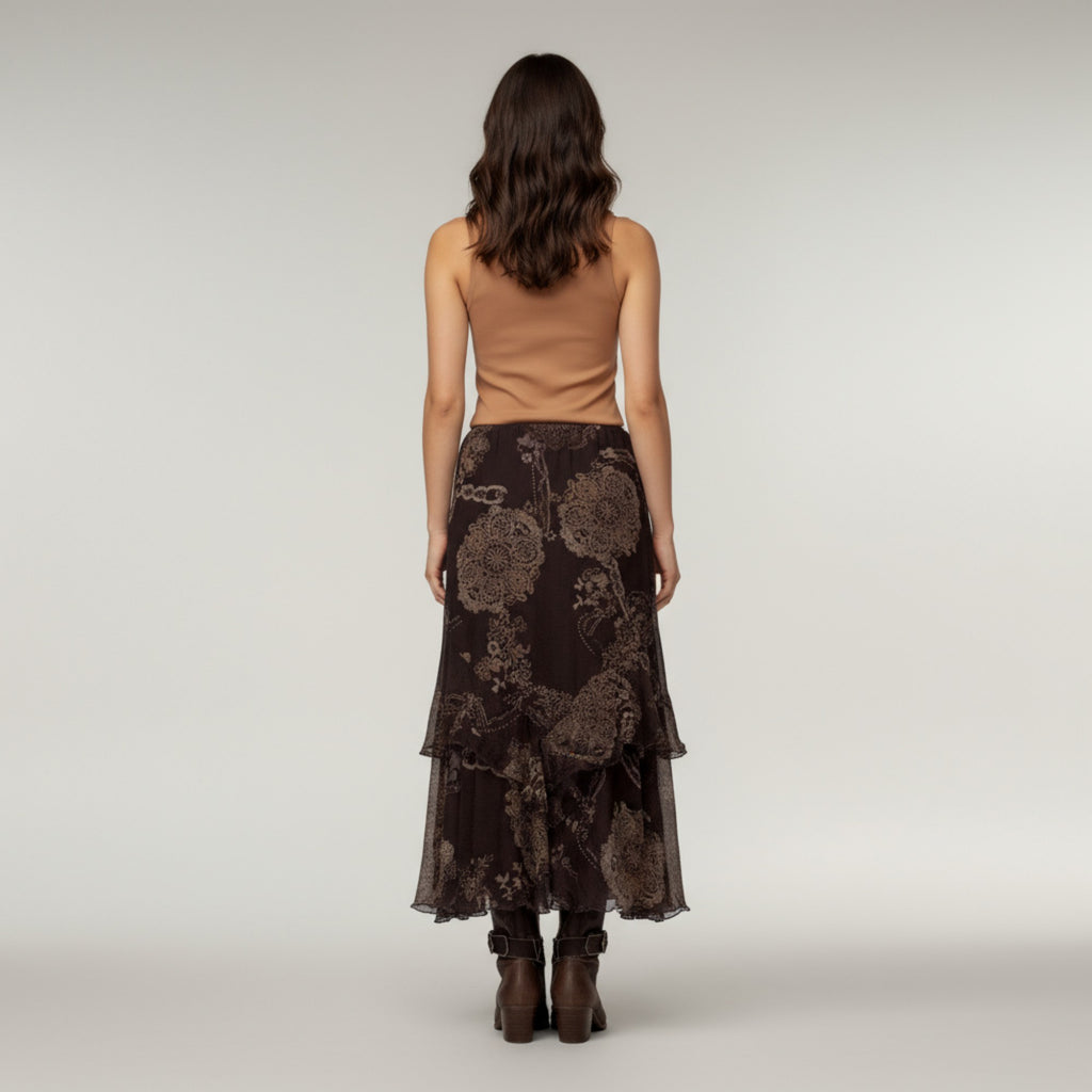Anna-Kaci Women's Bohemian Asymmetrical Midi Skirt with Ruffled Hem and Vintage Lace Print
