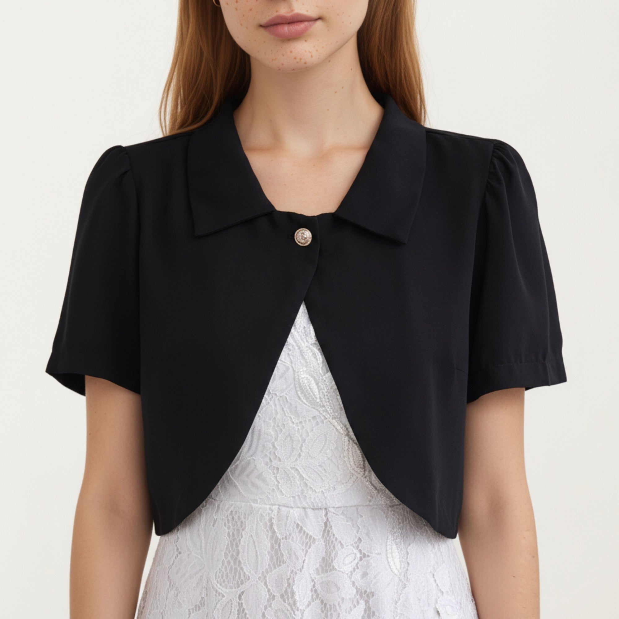 Anna-Kaci Women's Short Sleeve Cropped Bolero Jacket with Curved Hem and Single Button Closure