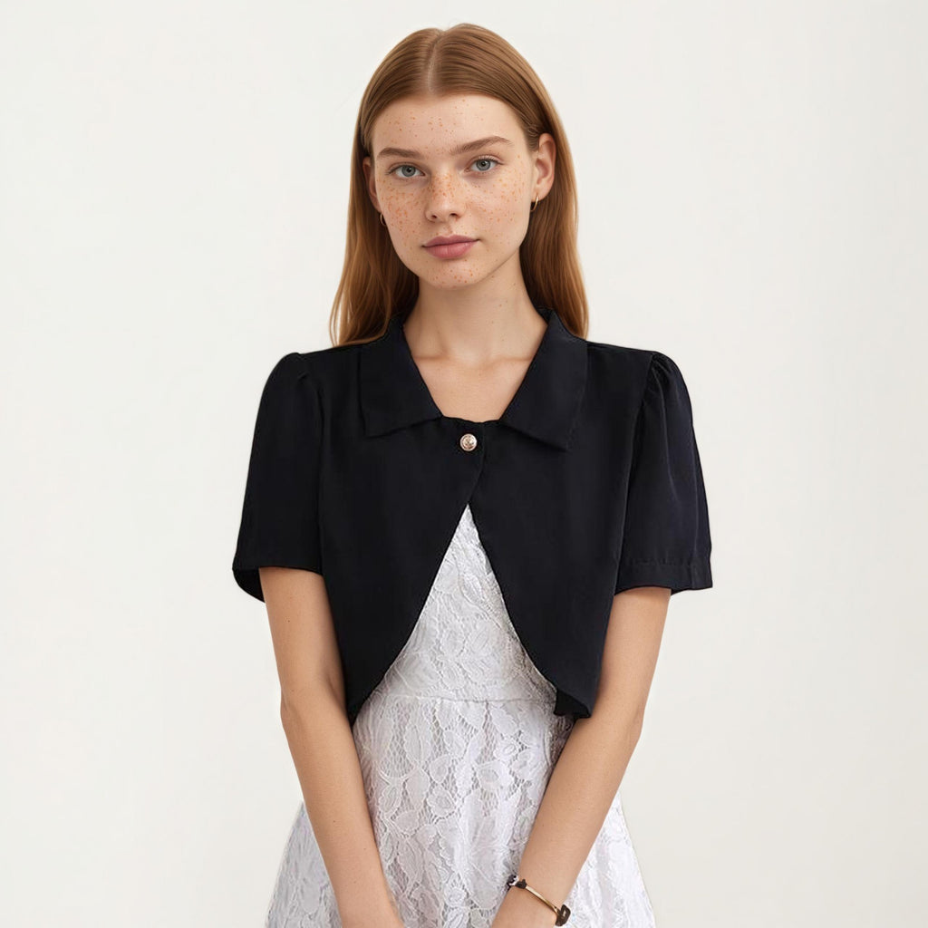 Anna-Kaci Women's Short Sleeve Cropped Bolero Jacket with Curved Hem and Single Button Closure