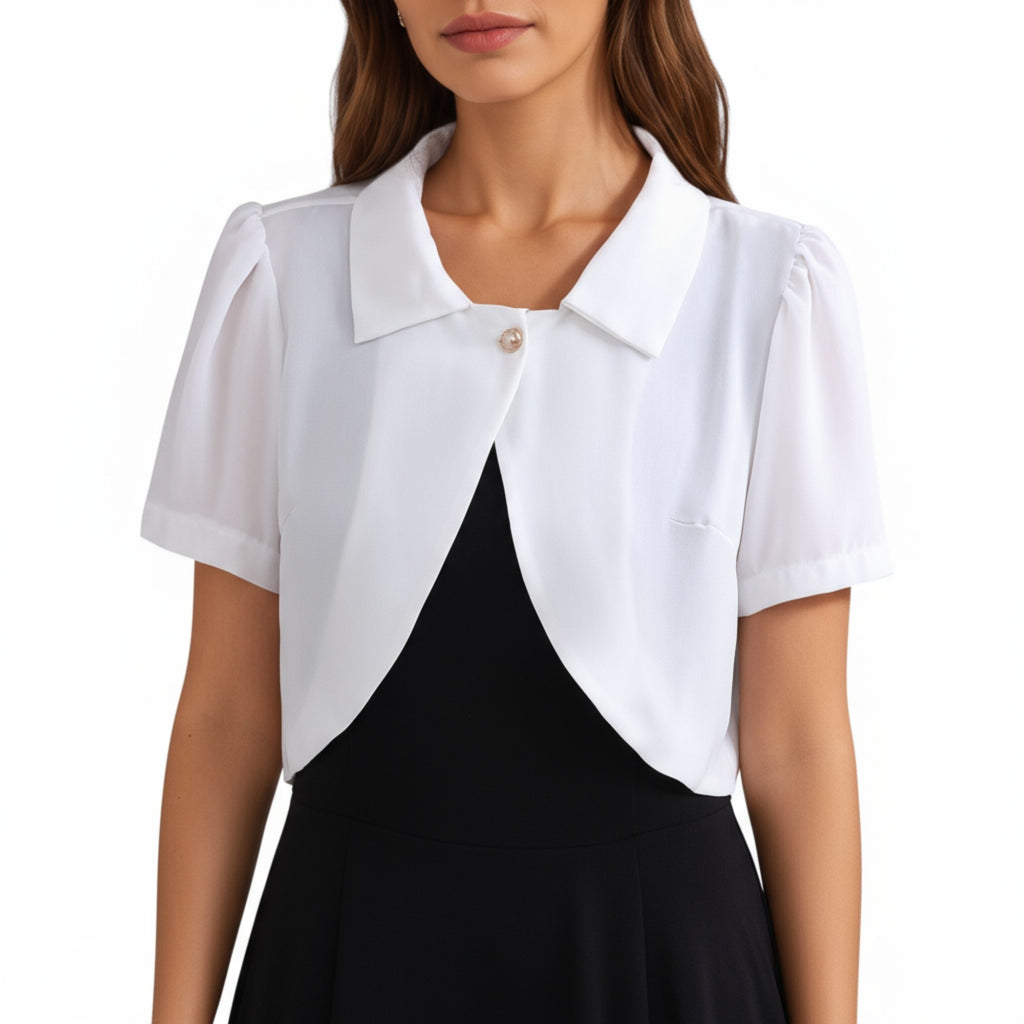 Anna-Kaci Women's Short Sleeve Cropped Bolero Jacket with Curved Hem and Single Button Closure