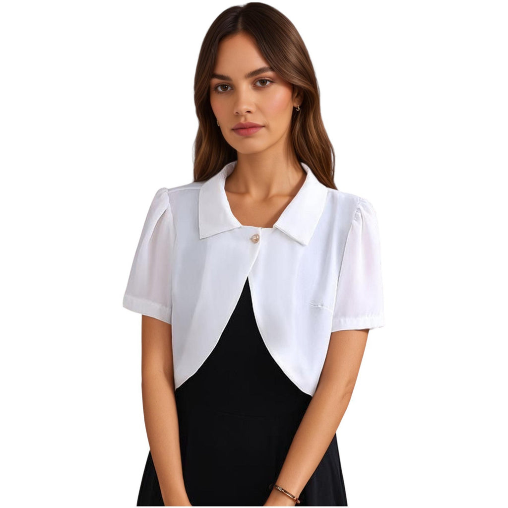 Anna-Kaci Women's Short Sleeve Cropped Bolero Jacket with Curved Hem and Single Button Closure