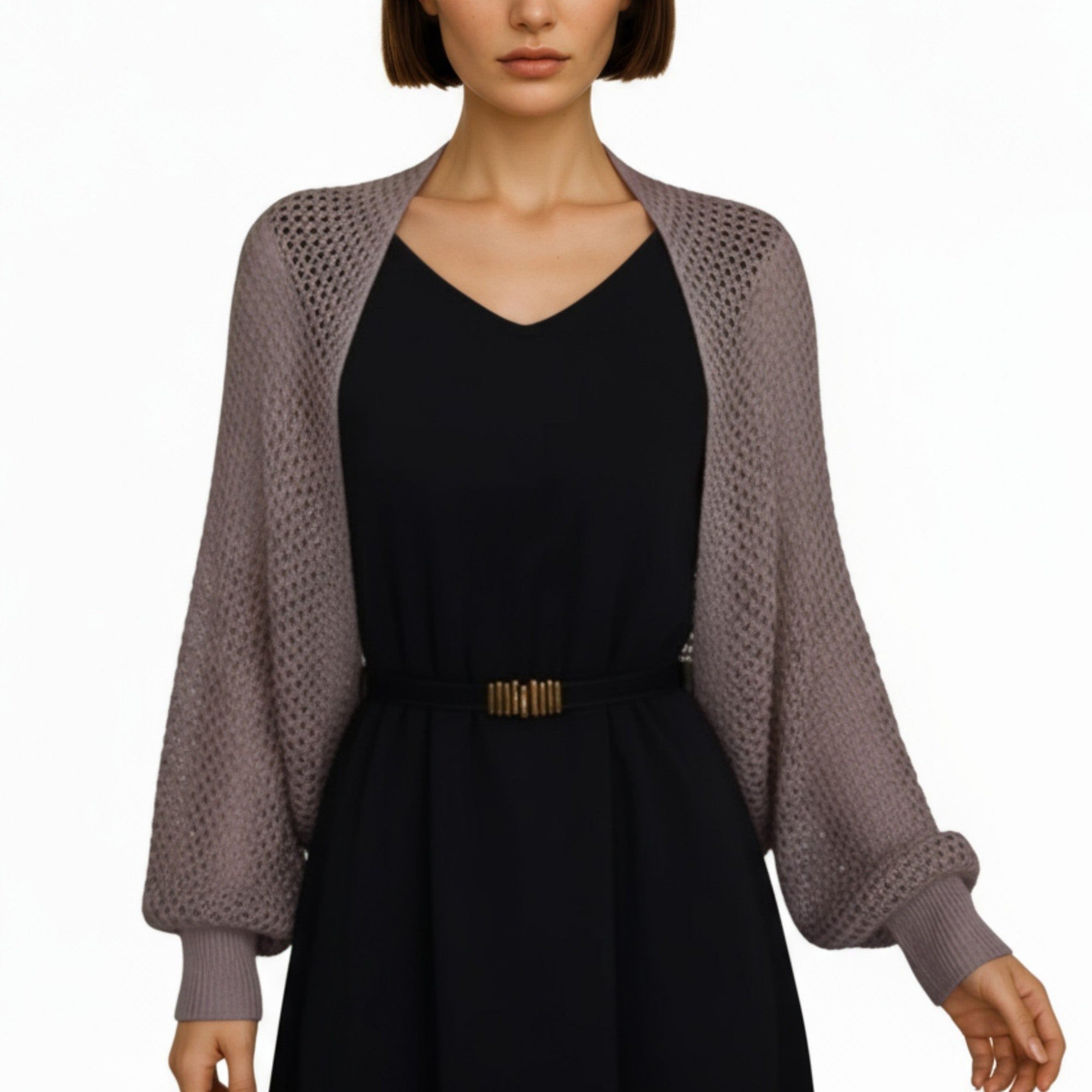 Anna-Kaci Women's Open Knit Shrug Cardigan with Long Balloon Sleeves and Ribbed Cuffs
