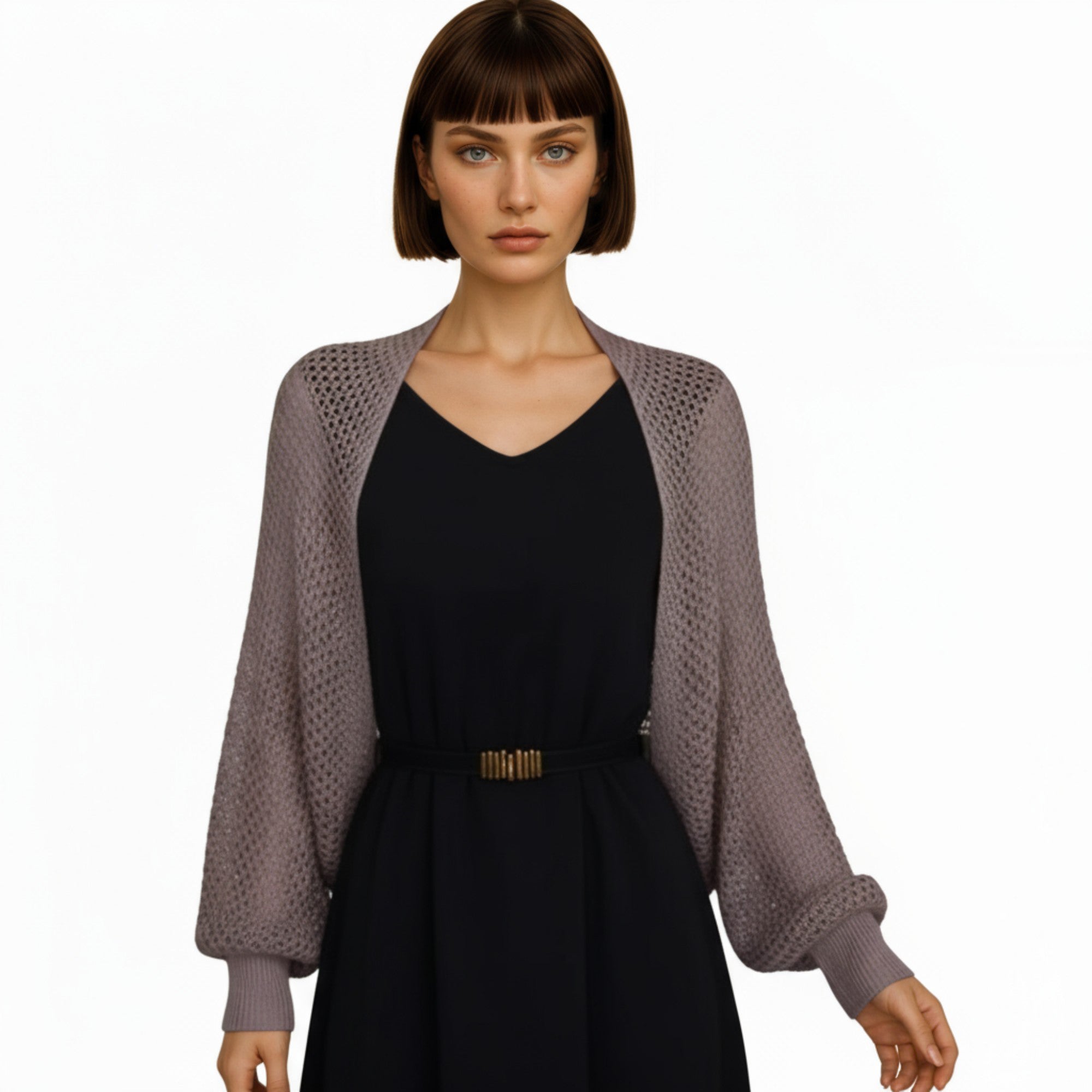 Anna-Kaci Women's Open Knit Shrug Cardigan with Long Balloon Sleeves and Ribbed Cuffs