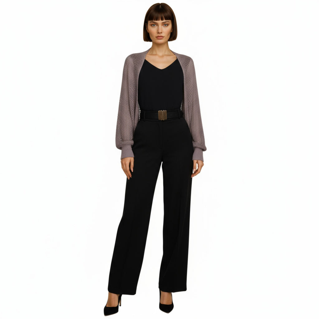 Anna-Kaci Women's Open Knit Shrug Cardigan with Long Balloon Sleeves and Ribbed Cuffs