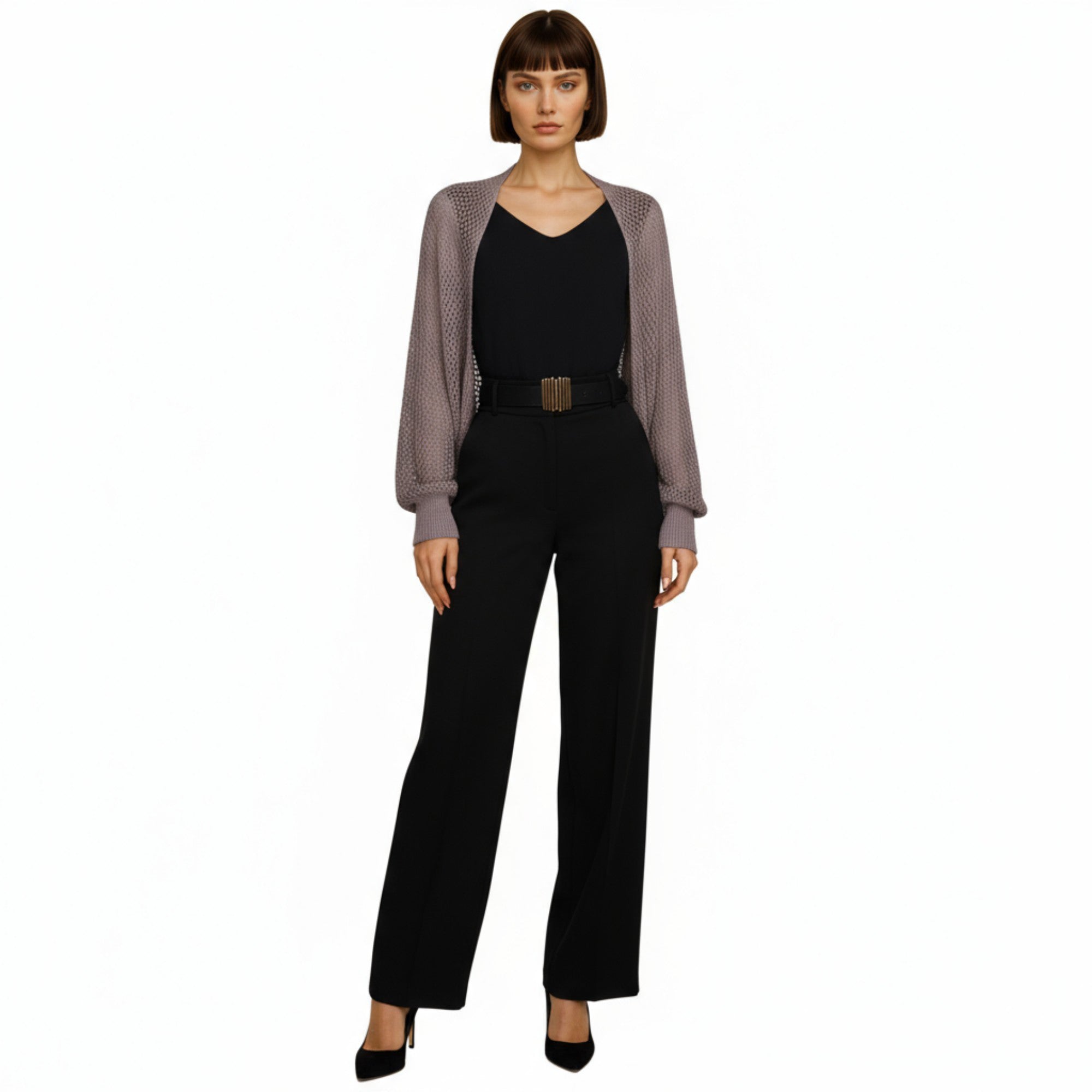 Anna-Kaci Women's Open Knit Shrug Cardigan with Long Balloon Sleeves and Ribbed Cuffs