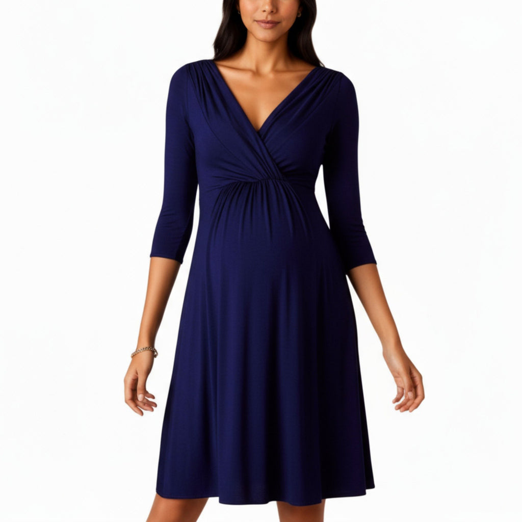 Anna-Kaci Women's 3/4 Sleeve Wrap Front Maternity Dress with Empire Waist and A-Line Silhouette
