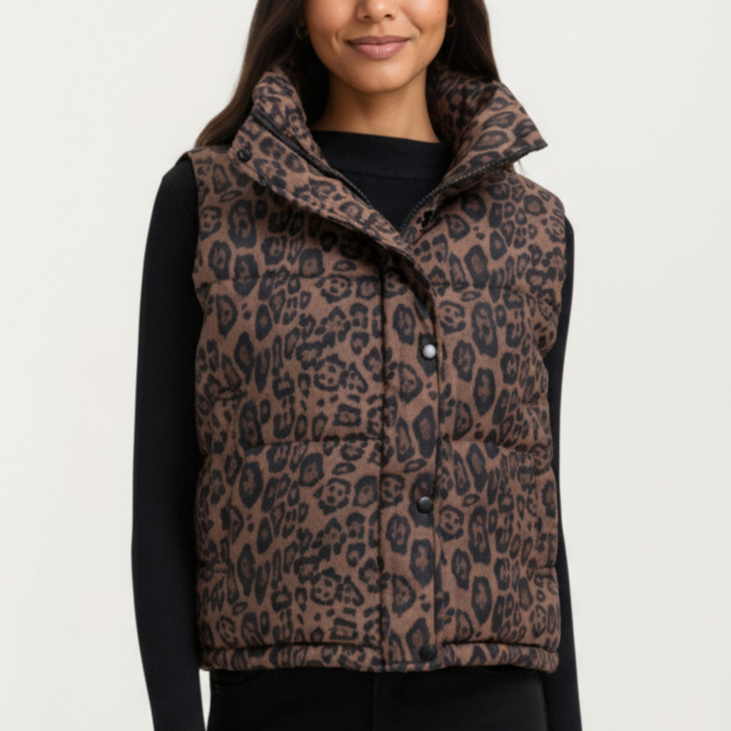 Anna-Kaci Women's Leopard Print Puffer Vest with High Stand Collar and Quilted Soft-Padded Body for Bold Textured Styling