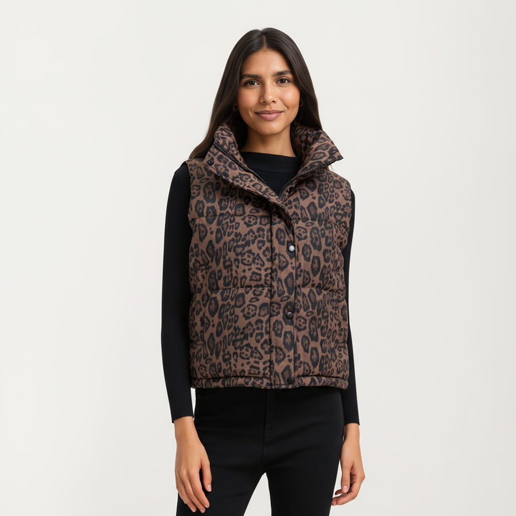 Anna-Kaci Women's Leopard Print Puffer Vest with High Stand Collar and Quilted Soft-Padded Body for Bold Textured Styling