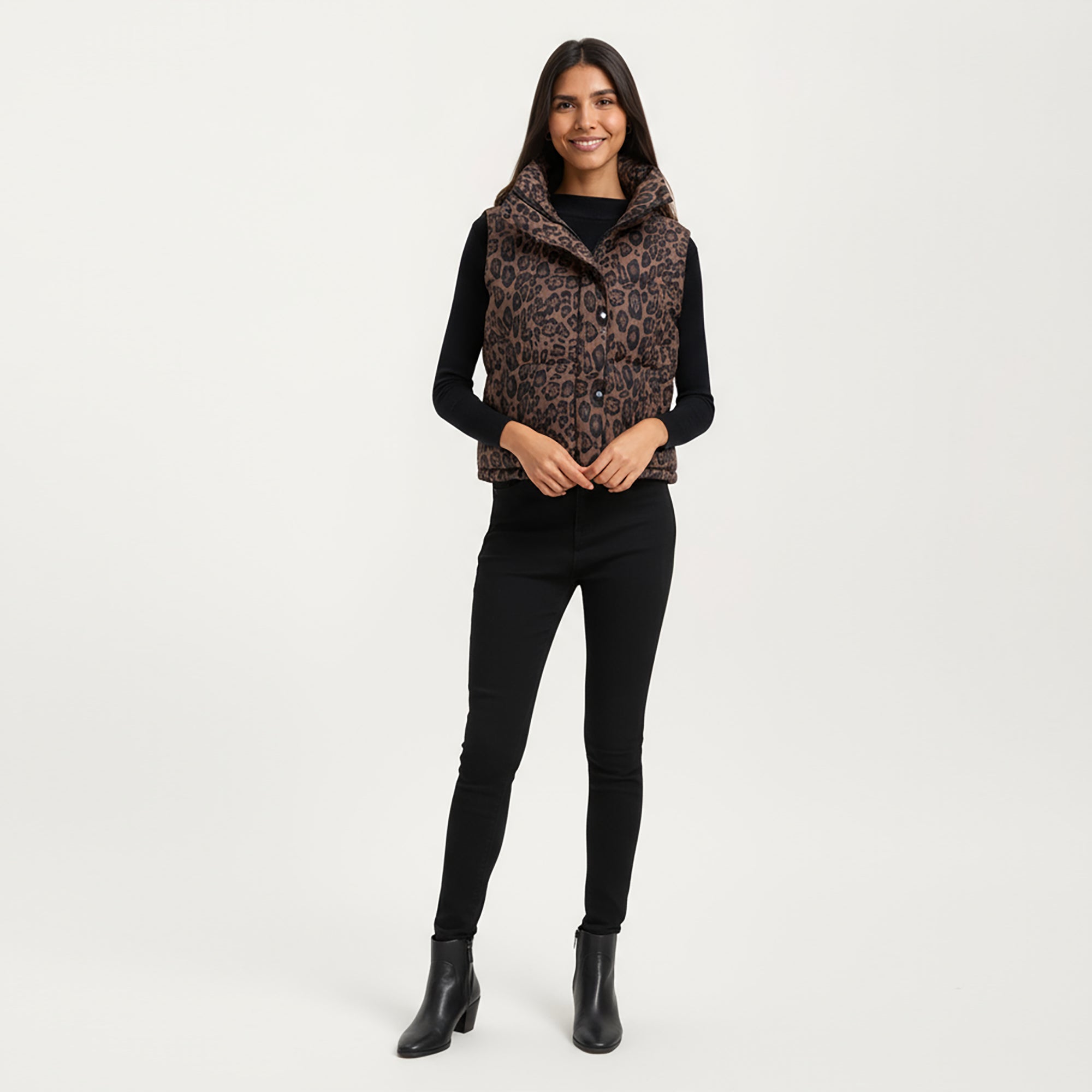 Anna-Kaci Women's Leopard Print Puffer Vest with High Stand Collar and Quilted Soft-Padded Body for Bold Textured Styling