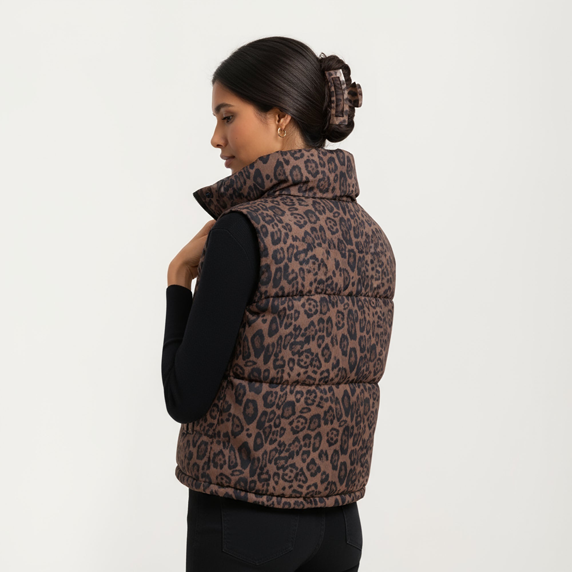 Anna-Kaci Women's Leopard Print Puffer Vest with High Stand Collar and Quilted Soft-Padded Body for Bold Textured Styling