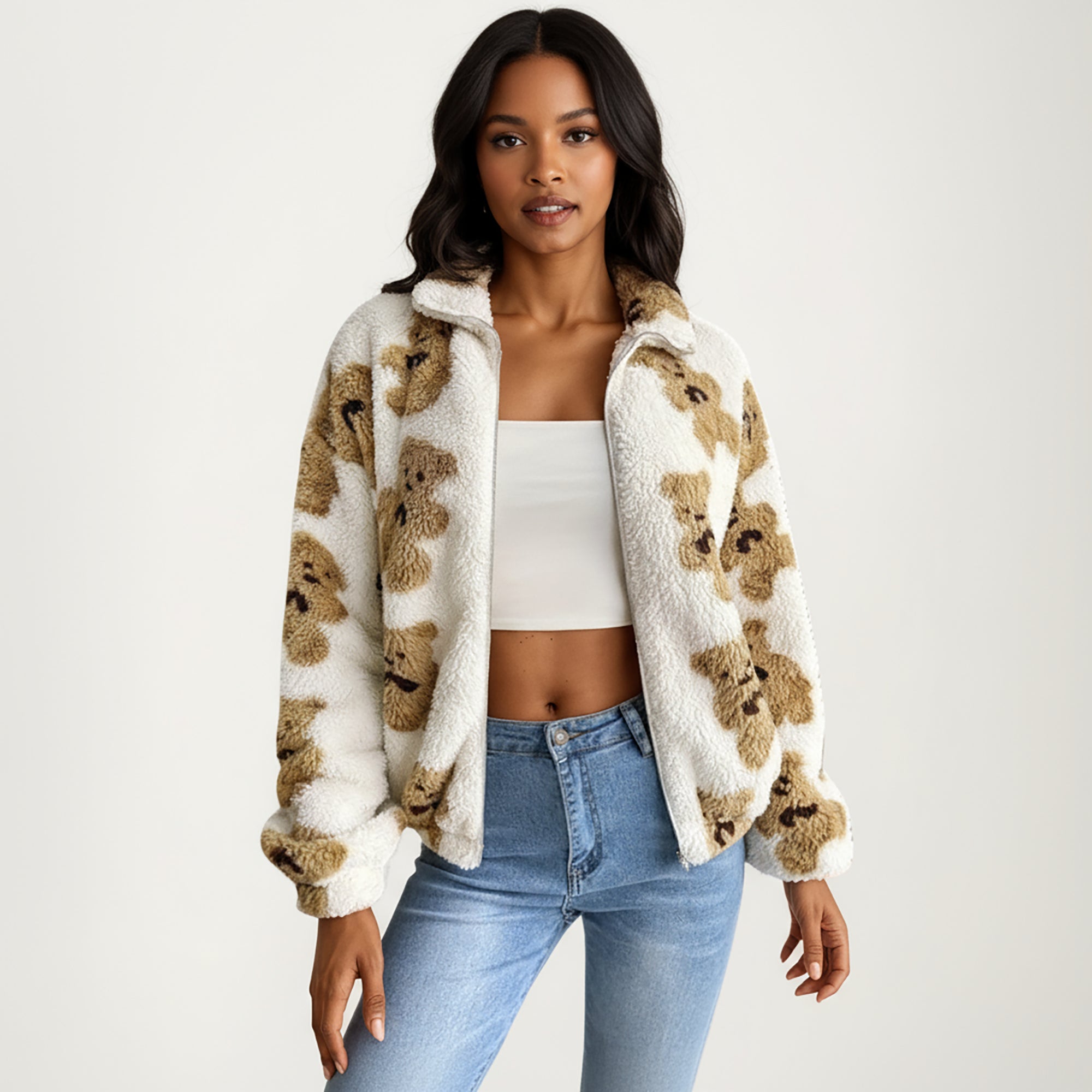 Anna-Kaci Women's Zip-Up Teddy Print High Pile Fleece Jacket with Long Sleeves and Relaxed Fit