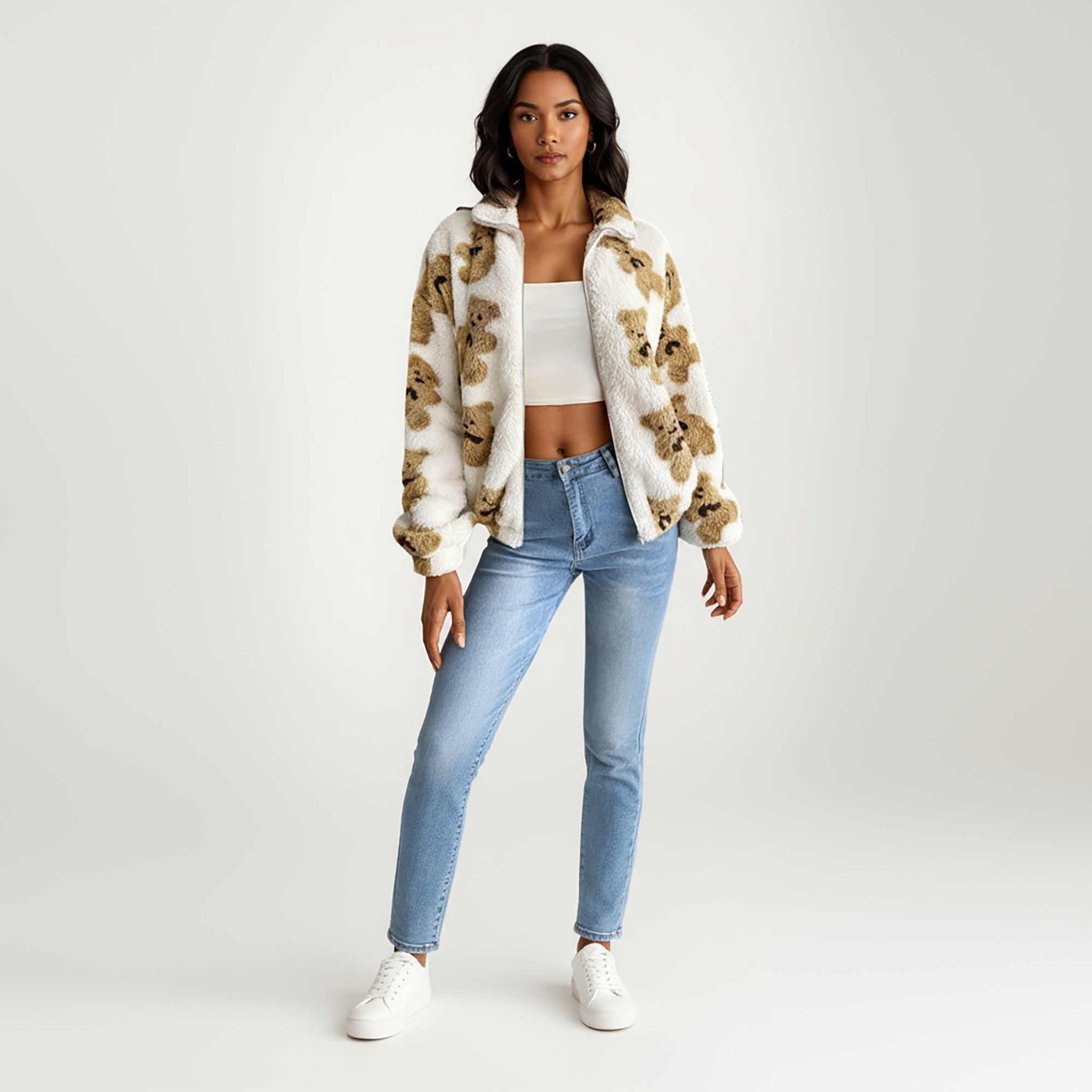 Anna-Kaci Women's Zip-Up Teddy Print High Pile Fleece Jacket with Long Sleeves and Relaxed Fit
