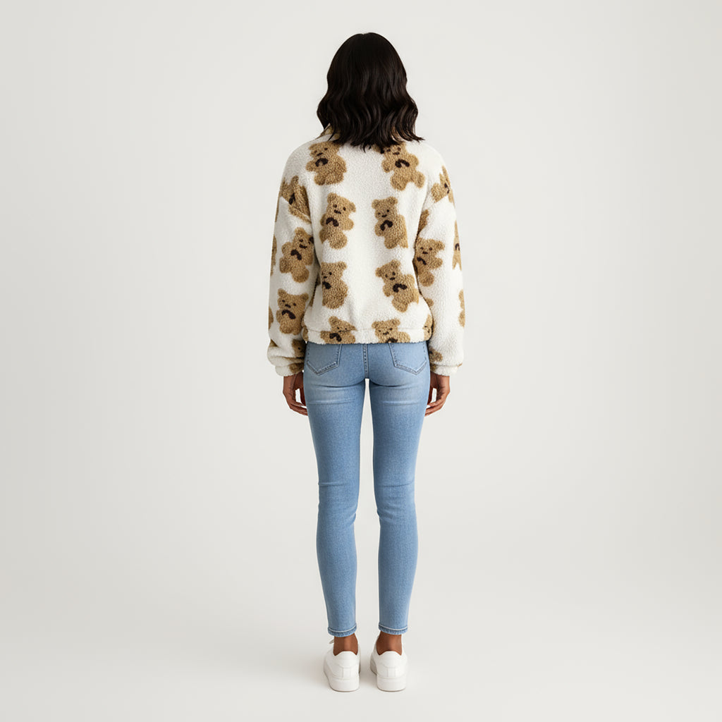 Anna-Kaci Women's Zip-Up Teddy Print High Pile Fleece Jacket with Long Sleeves and Relaxed Fit
