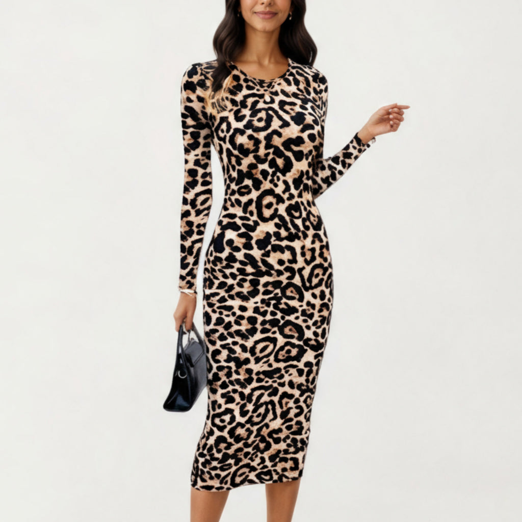 Anna-Kaci Women's Long Sleeve Leopard Print Bodycon Midi Dress with Crew Neck and Stretch Fit