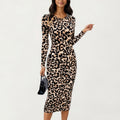 Anna-Kaci Women's Long Sleeve Leopard Print Bodycon Midi Dress with Crew Neck and Stretch Fit