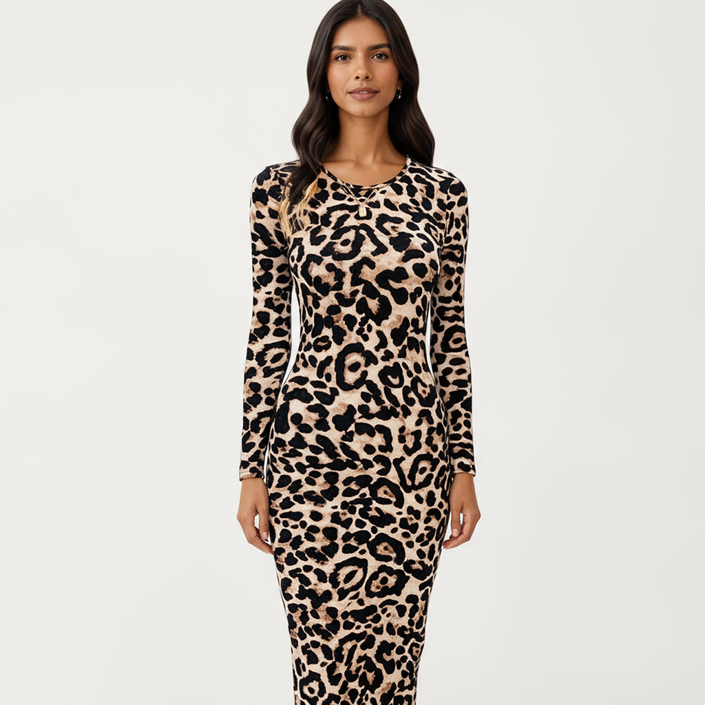 Anna-Kaci Women's Long Sleeve Leopard Print Bodycon Midi Dress with Crew Neck and Stretch Fit
