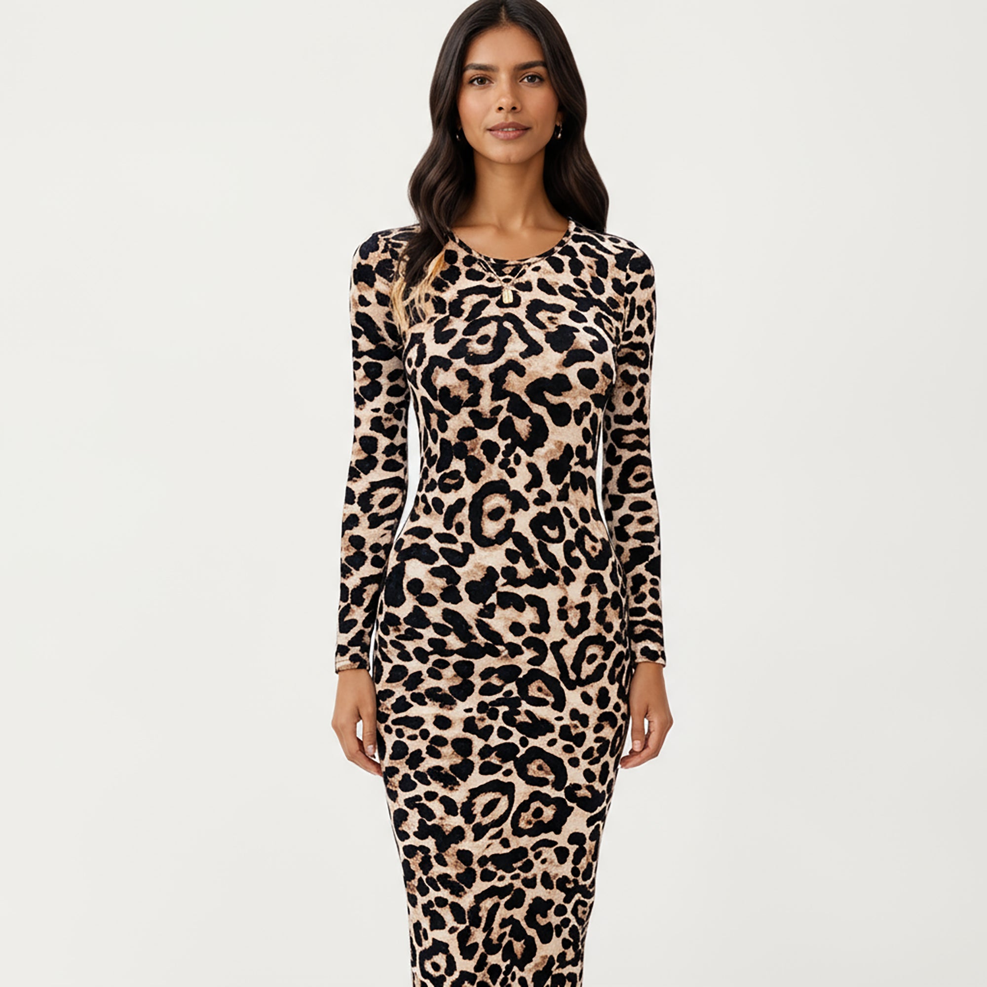 Anna-Kaci Women's Long Sleeve Leopard Print Bodycon Midi Dress with Crew Neck and Stretch Fit, XL 16-18 / Brown
