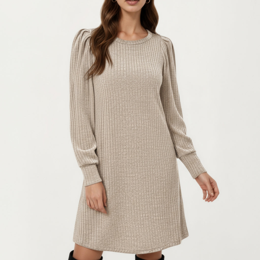 Anna-Kaci Women's Ribbed Knit Long Sleeve Dress with Puff Shoulder Detail and Relaxed A-Line Silhouette
