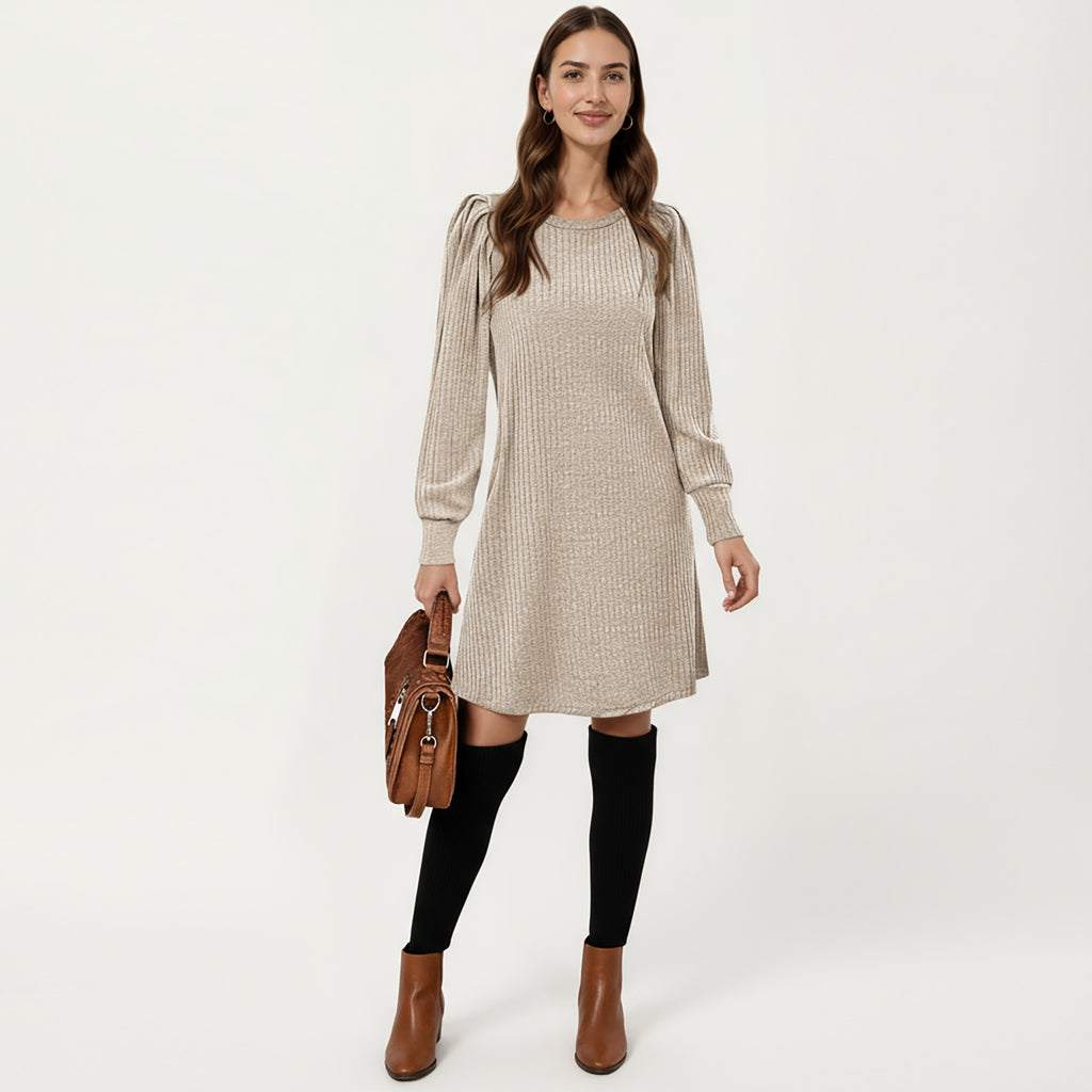 Anna-Kaci Women's Ribbed Knit Long Sleeve Dress with Puff Shoulder Detail and Relaxed A-Line Silhouette