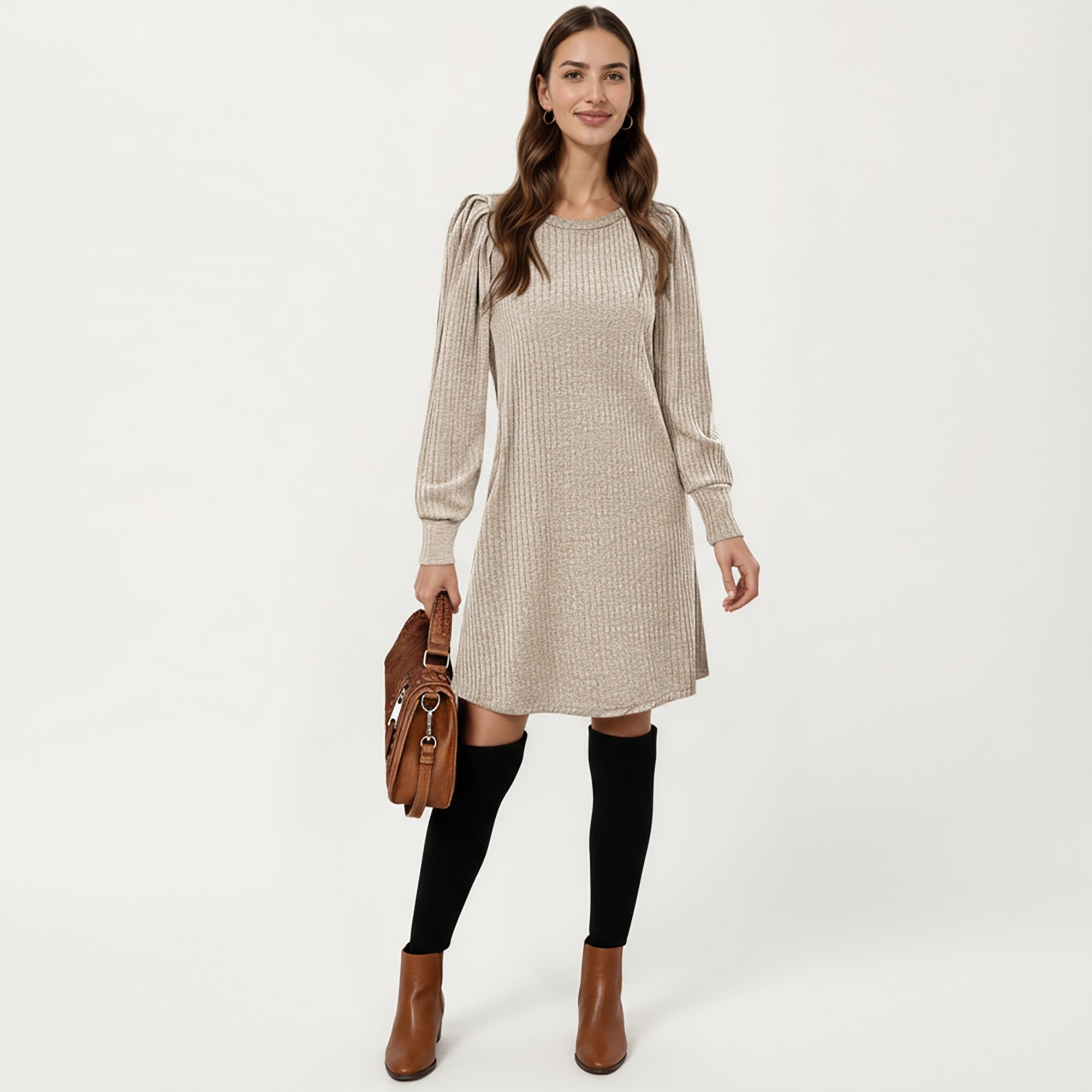 Anna-Kaci Women's Ribbed Knit Long Sleeve Dress with Puff Shoulder Detail and Relaxed A-Line Silhouette