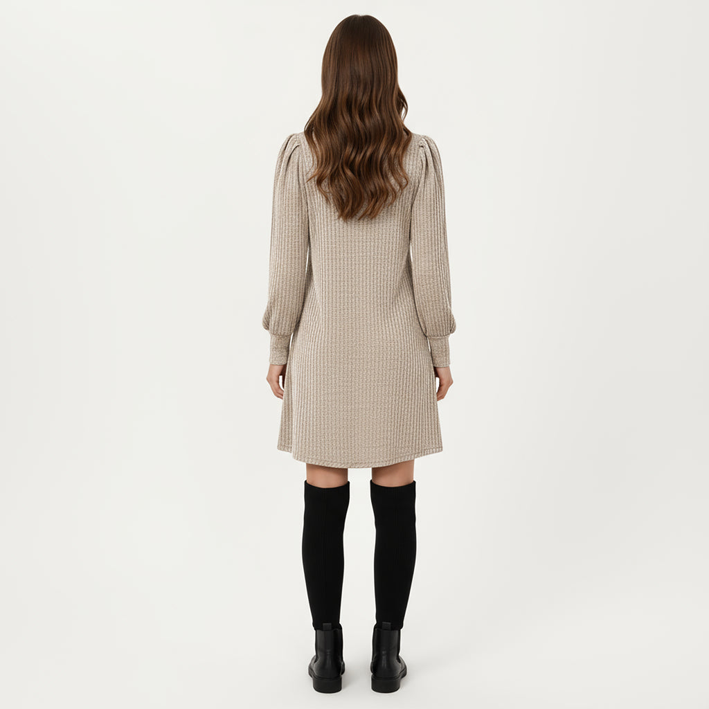 Anna-Kaci Women's Ribbed Knit Long Sleeve Dress with Puff Shoulder Detail and Relaxed A-Line Silhouette