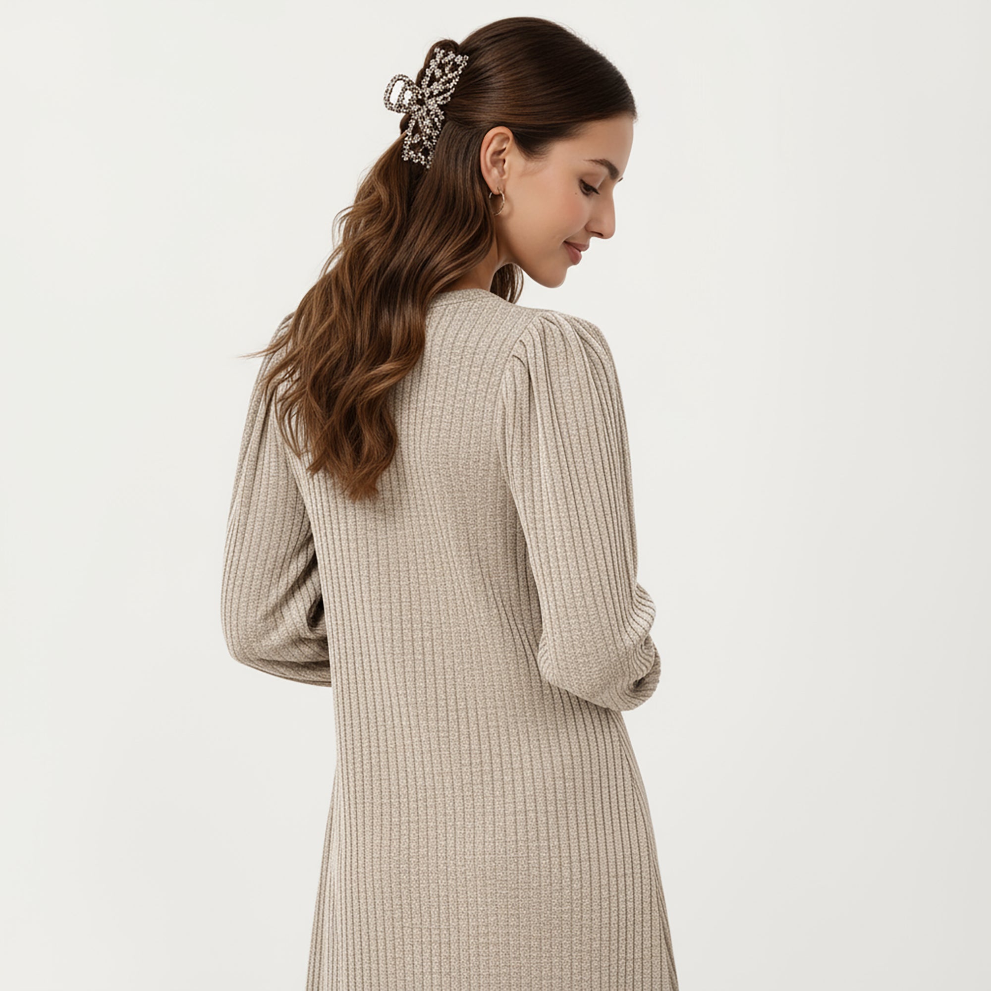 Anna-Kaci Women's Ribbed Knit Long Sleeve Dress with Puff Shoulder Detail and Relaxed A-Line Silhouette