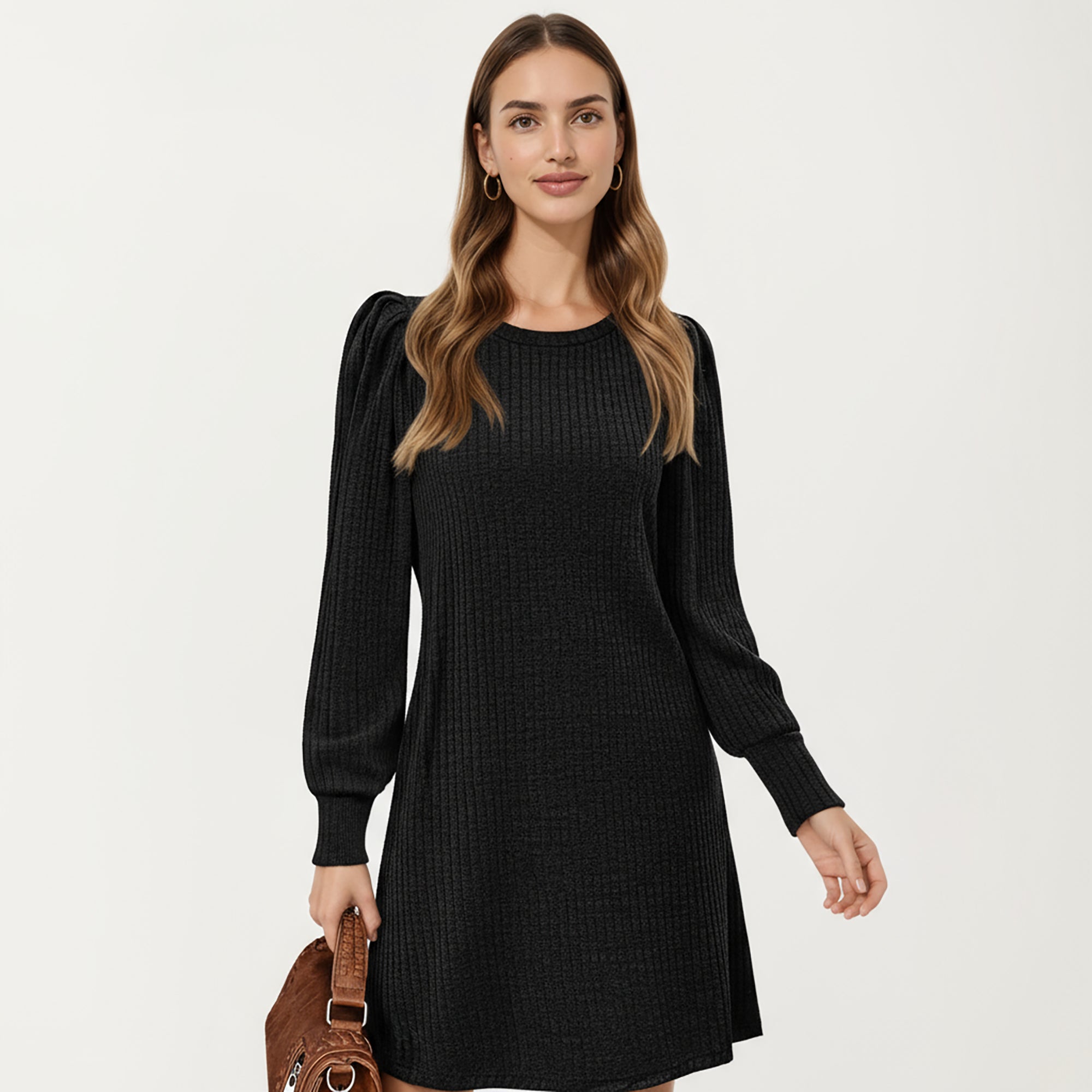 Anna-Kaci Women's Ribbed Knit Long Sleeve Dress with Puff Shoulder Detail and Relaxed A-Line Silhouette