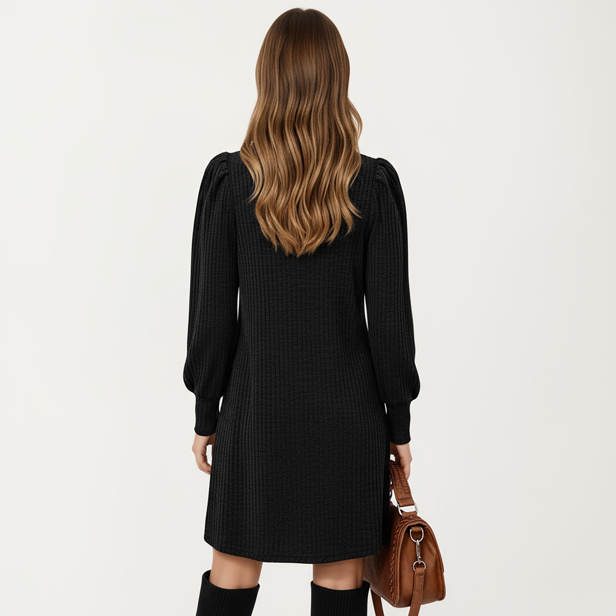 Anna-Kaci Women's Ribbed Knit Long Sleeve Dress with Puff Shoulder Detail and Relaxed A-Line Silhouette