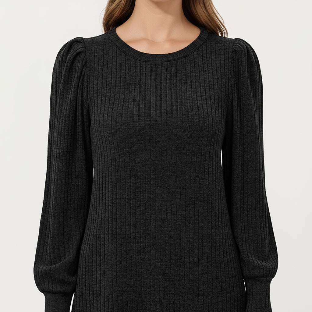 Anna-Kaci Women's Ribbed Knit Long Sleeve Dress with Puff Shoulder Detail and Relaxed A-Line Silhouette