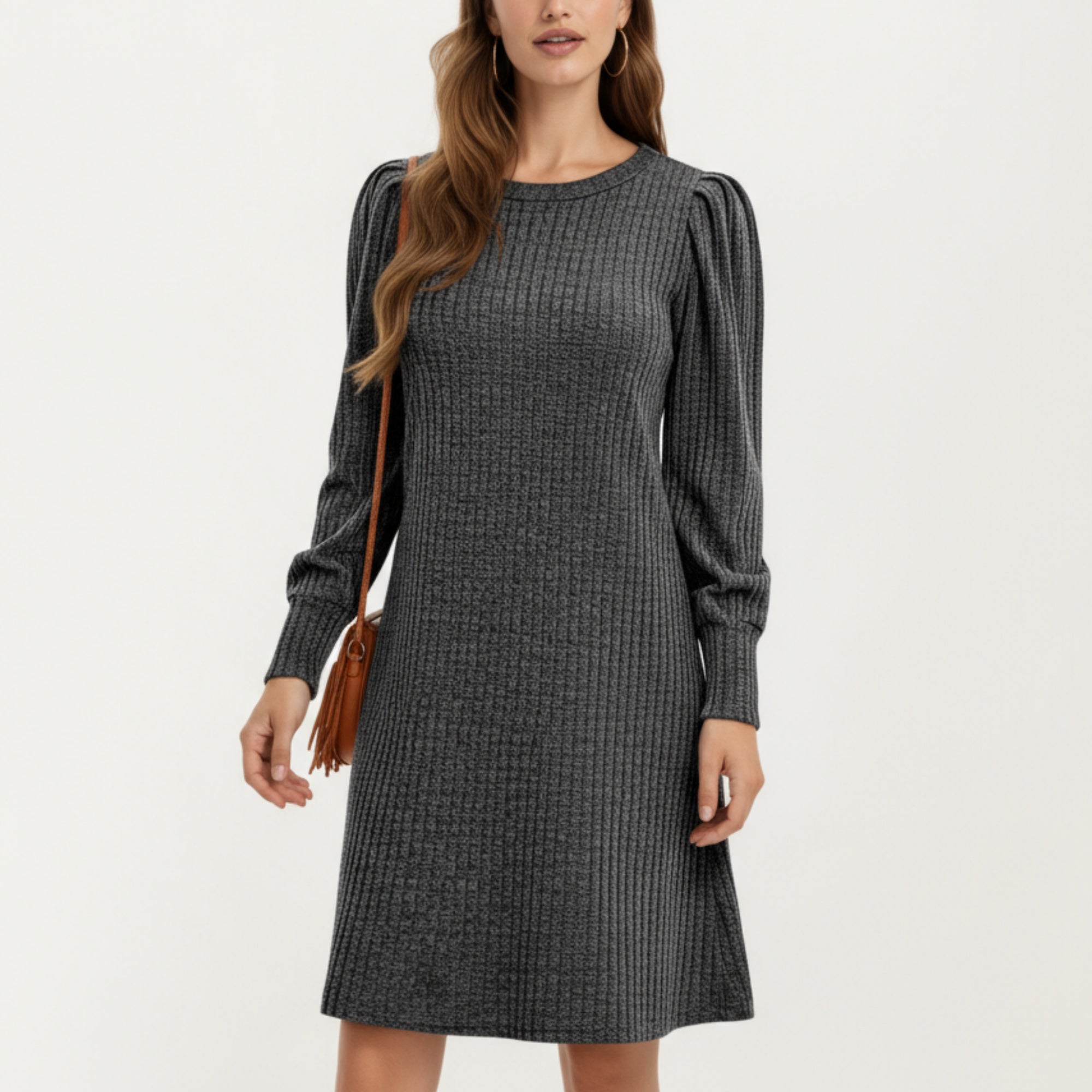Anna-Kaci Women's Ribbed Knit Long Sleeve Dress with Puff Shoulder Detail and Relaxed A-Line Silhouette