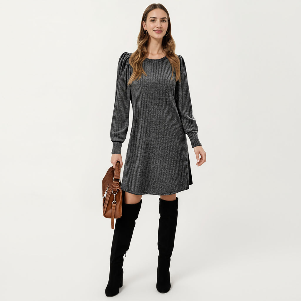 Anna-Kaci Women's Ribbed Knit Long Sleeve Dress with Puff Shoulder Detail and Relaxed A-Line Silhouette
