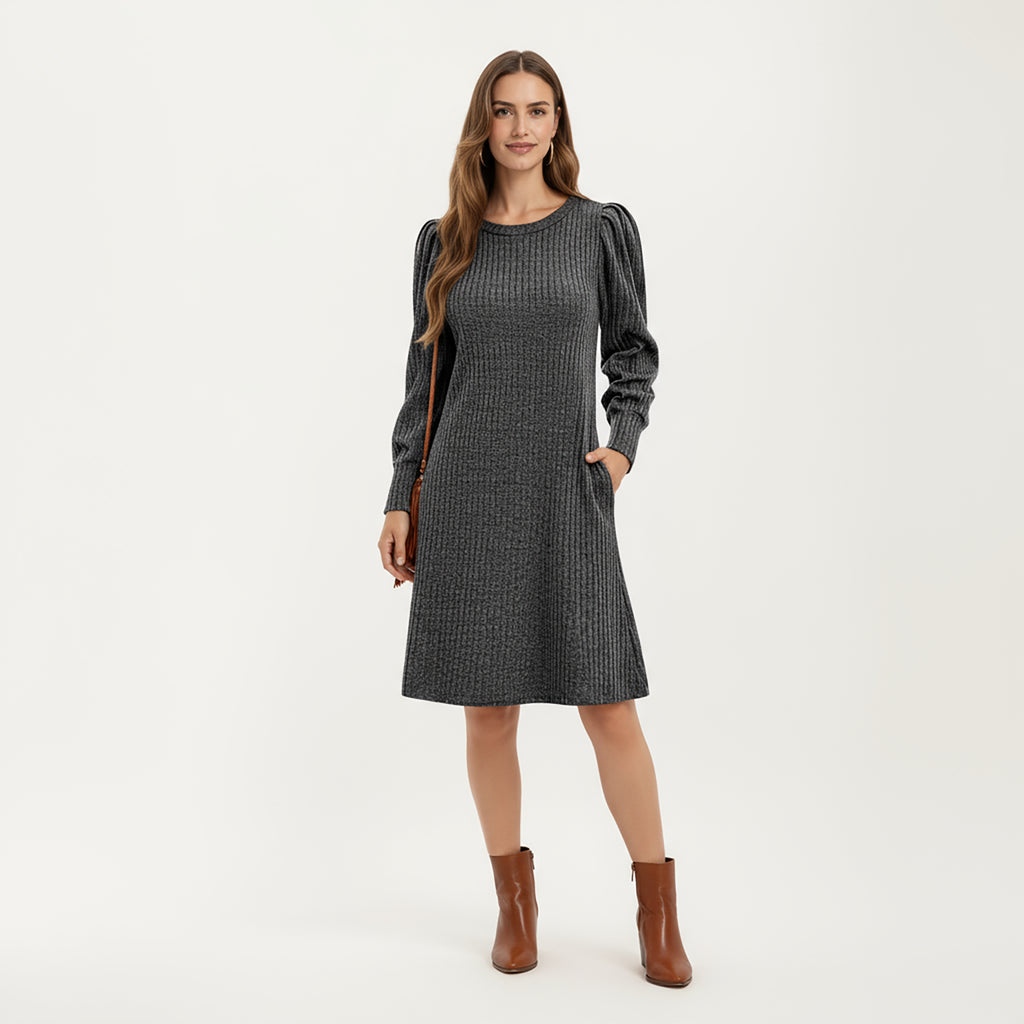Anna-Kaci Women's Ribbed Knit Long Sleeve Dress with Puff Shoulder Detail and Relaxed A-Line Silhouette