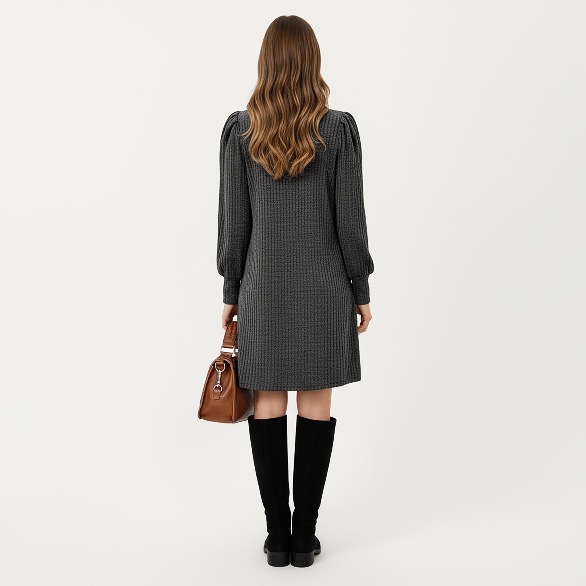 Anna-Kaci Women's Ribbed Knit Long Sleeve Dress with Puff Shoulder Detail and Relaxed A-Line Silhouette