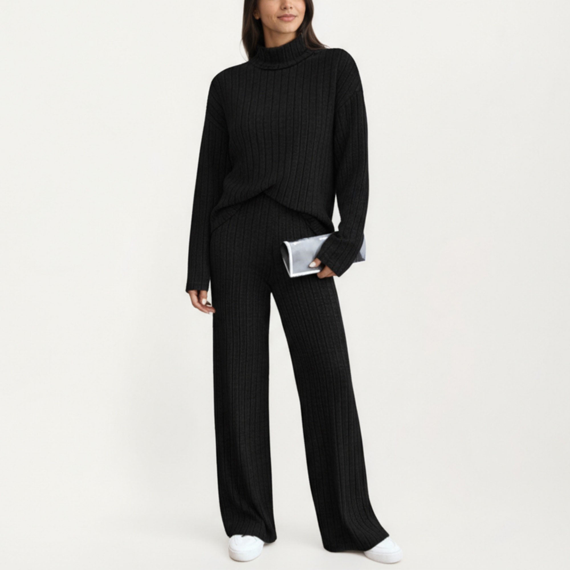Anna-Kaci Women¡¯s Ribbed Knit Relaxed Fit 2-Piece Set with High Neck Top Soft Stretch Fabric and Wide Leg Pants