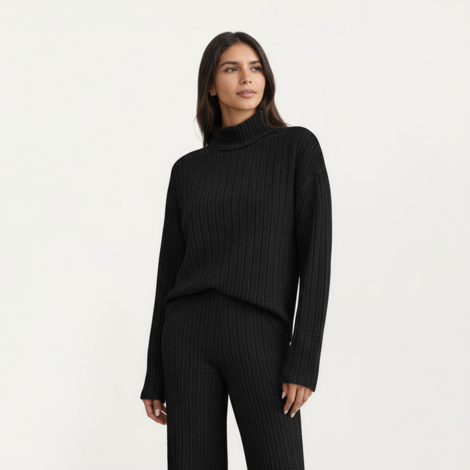 Anna-Kaci Women¡¯s Ribbed Knit Relaxed Fit 2-Piece Set with High Neck Top Soft Stretch Fabric and Wide Leg Pants