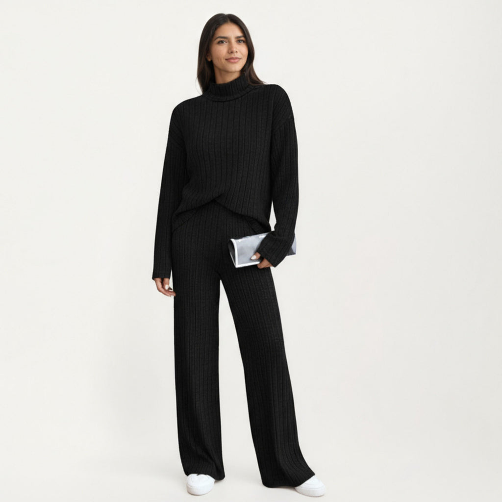 Anna-Kaci Women¡¯s Ribbed Knit Relaxed Fit 2-Piece Set with High Neck Top Soft Stretch Fabric and Wide Leg Pants