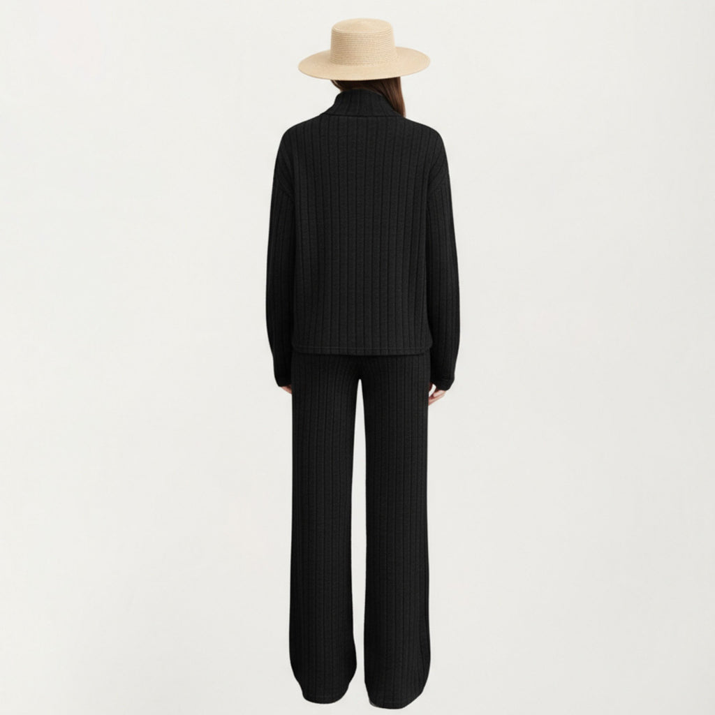 Anna-Kaci Women¡¯s Ribbed Knit Relaxed Fit 2-Piece Set with High Neck Top Soft Stretch Fabric and Wide Leg Pants