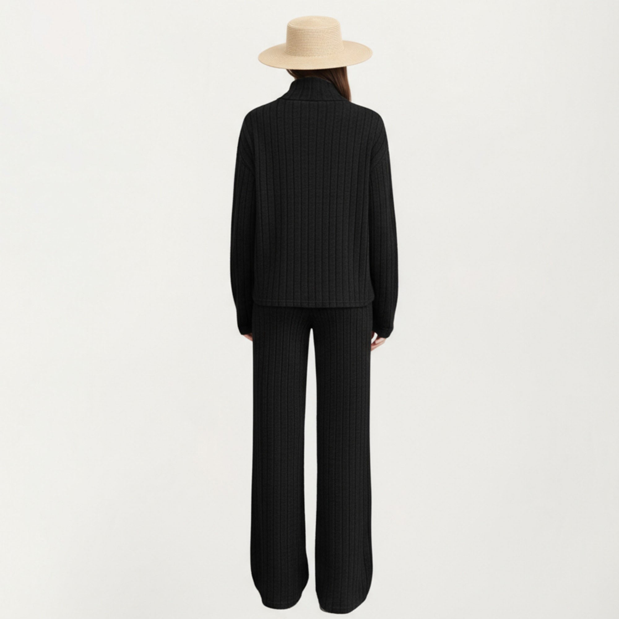 Anna-Kaci Women¡¯s Ribbed Knit Relaxed Fit 2-Piece Set with High Neck Top Soft Stretch Fabric and Wide Leg Pants